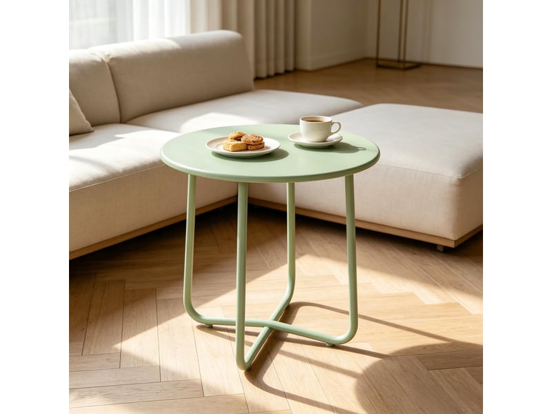  Table basse de jardin avec pieds croisés et patins réglables, style minimaliste, en métal, vert, ø 48 × 51 cm  - Conforama C