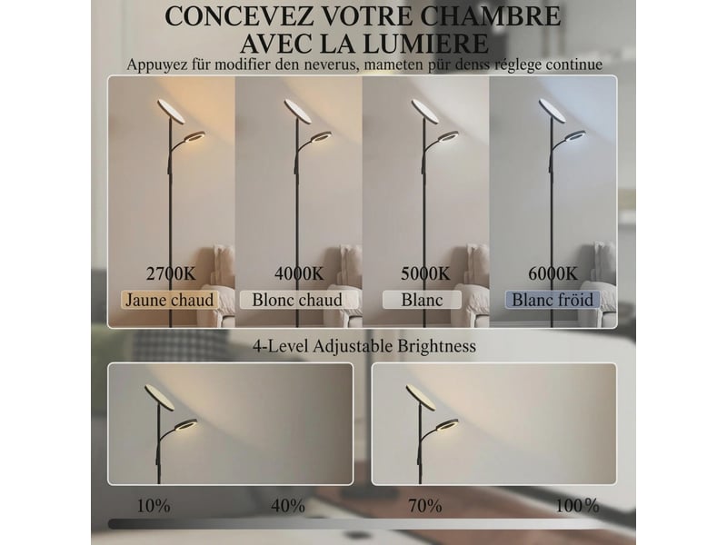  Lampadaire led,25x25x175 cm,meulva,42 w éclairage réglable,métal et pc,noir  - Conforama D