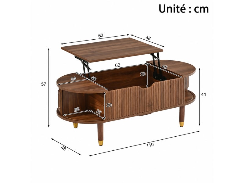  Table basse ovale relevable avec rangement, mdf, 110 x 48 cm, couleur noyer  - Conforama C