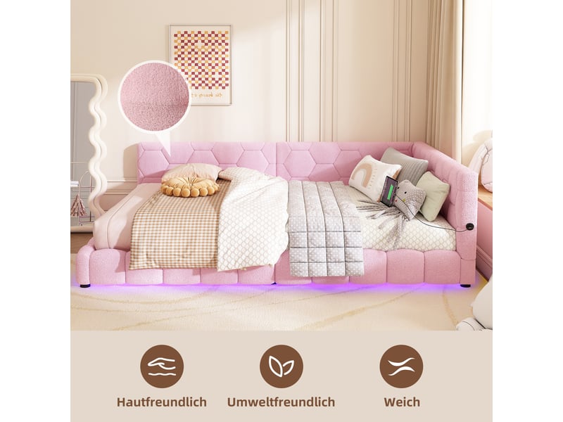  Canapé lit rose lit de jour 140x200 avec led 16 couleurs et ports usb  - Conforama D