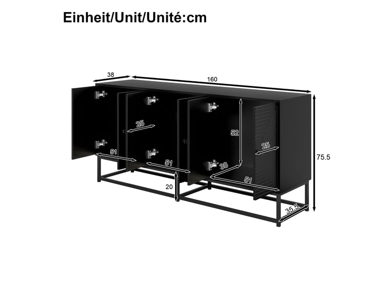  Buffet bas 6 portes noir mat 160x38x75,5 cm en panneau de particules  - Conforama E