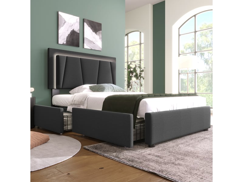  Lit avec tiroirs, lit simple 90x200 cm, 2 tiroirs, tête réglable et led, sans matelas, gris  - Conforama C