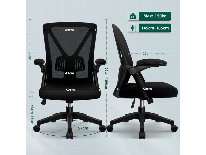  Chaise de bureau, chaise ergonomique pivotante maille respirante, accoudoirs rembourrés, hauteur10cm, dossier125°, charge150kg  - Conforama B