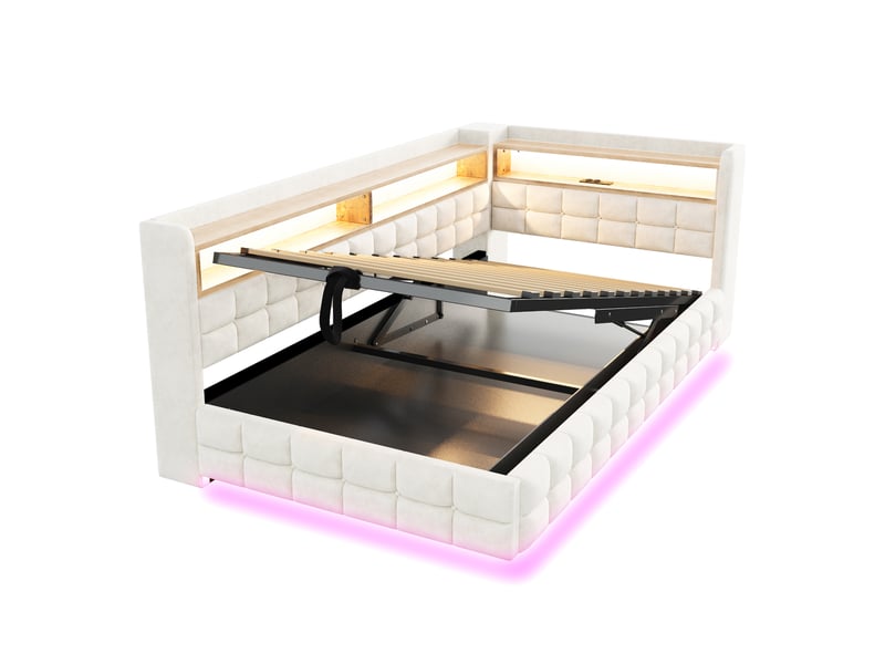 Lit canapé velours beige 90x200 cm avec rangement hydraulique, led, usb et étagère - Conforama E