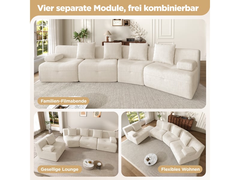  Canapé modulable 4 places en velours côtelé, 4 modules, sans montage, 311×90×65 cm, charge 400 kg  - Conforama E