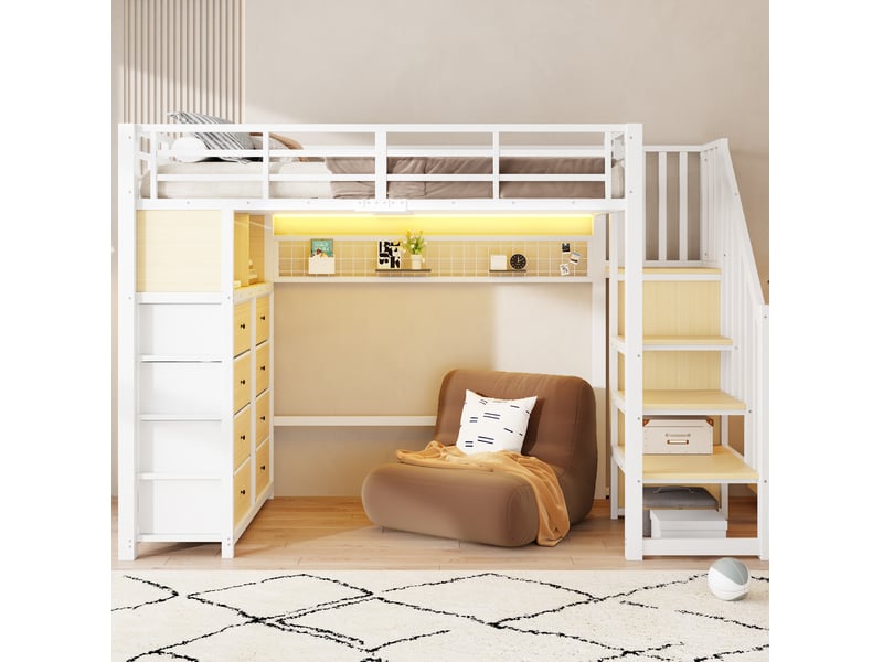  Lit mezzanine enfant 90 x 200 cm blanc avec 8 tiroirs, led et rangements  - Conforama D