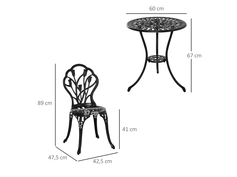  Ensemble de jardin 3 pièces comprenant une table ronde ø60x67 cm et 2 chaises 42,5x47,5x89 cm. Table avec trou pour parasol, couleur noire.  - Conforama E