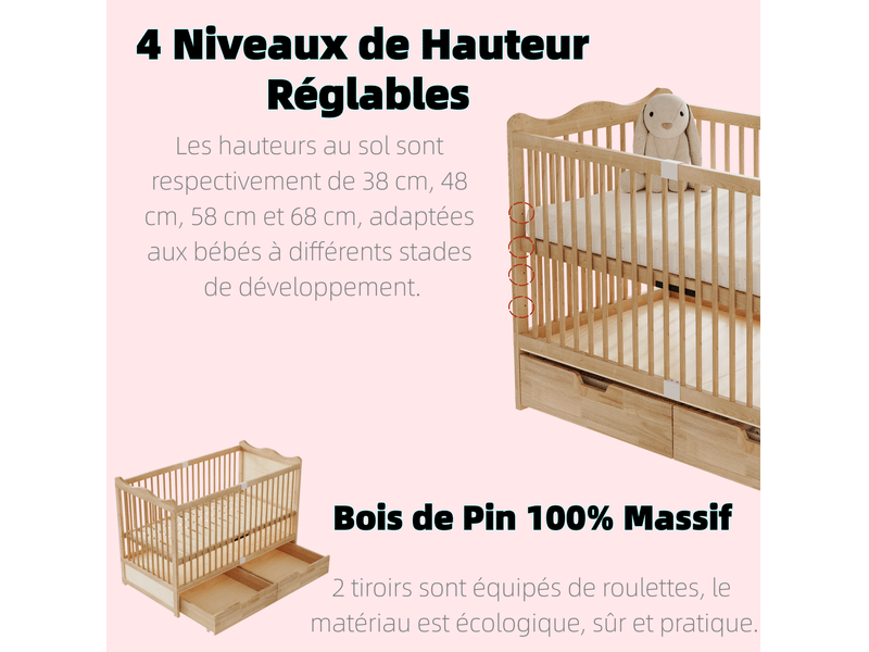  Lit bébé à barreaux 146x75x100 cm couchage 140x70 cm 4 hauteurs 2 tiroirs à roulettes bois naturel sans matelas  - Conforama E
