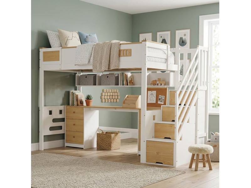  Lit mezzanine enfant 90 x 200 cm blanc et naturel avec bureau, tiroirs, escalier de rangement et étagère suspendue  - Conforama D