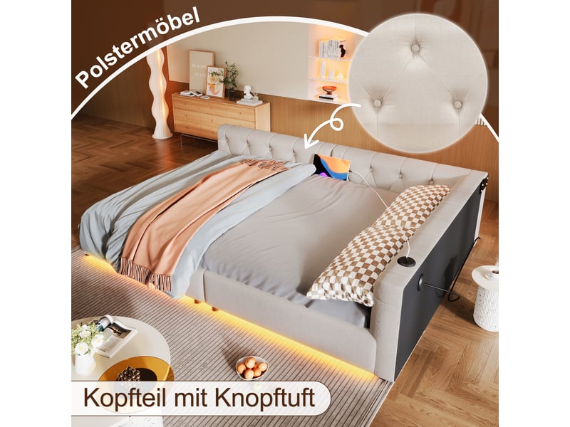  Canapé lit 140x200 en lin beige avec sommier - éclairage led et ports usbtype-c  - Conforama D