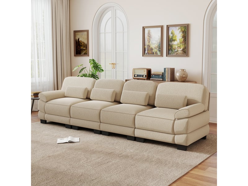 Canapé modulable 4 places, tissu cord doux et agréable, coussins lombaires, salon, connecteurs pour structure stable, beige - Conforama B
