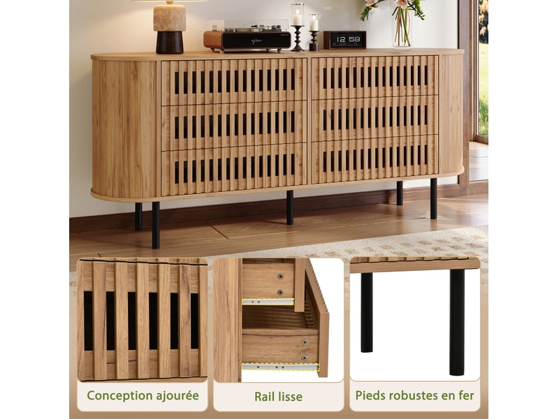 Buffet 160x40x70 cm, 6 tiroirs, design lames ajourées, mdf, pieds métal, charge 70 kg, naturel - Conforama D