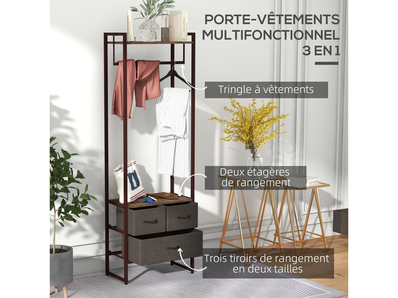 Portant à vêtements avec 3 tiroirs en tissu, étagères de rangement et tringle de suspension, 58,5 x 30 x 178 cm, marron - Conforama D