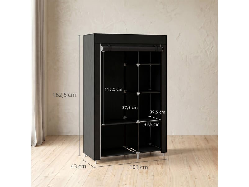  Armoire pliable en tissu, armoire portable avec 6 étagères et 1 tringle à vêtements pour la chambre, 103 x 43 x 162,5 cm, noire  - Conforama E