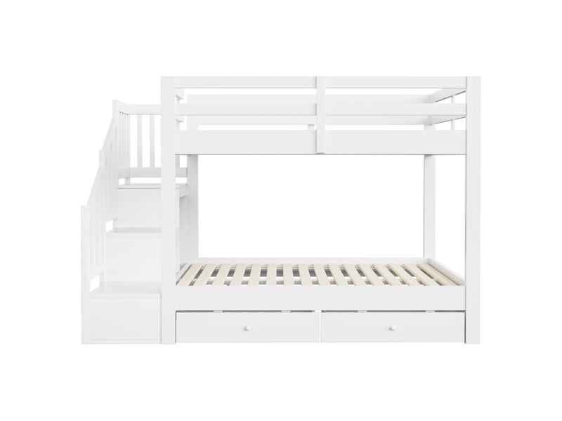  Lit superposé enfant 140x200 cm blanc bois, escalier de rangement, 2 tiroirs et sommiers à lattes inclus  - Conforama E