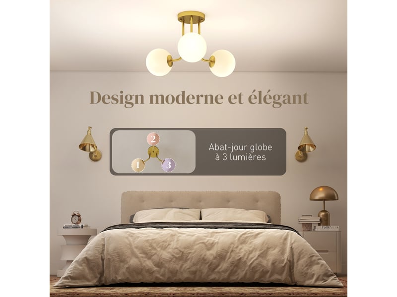 Plafonnier led 25w, luminaire plafonnier 3 lumières avec douilles g9, abat-jour globe, 42 x 42 x 26,5 cm, doré  - Conforama D