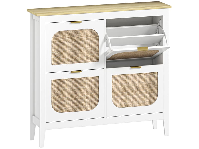  Meuble à chaussures 20 paires bohème avec 4 tiroirs rabattables, portes effet cannage rotin, blanc, 105 x 24 x 95,5 cm  - Conforama B