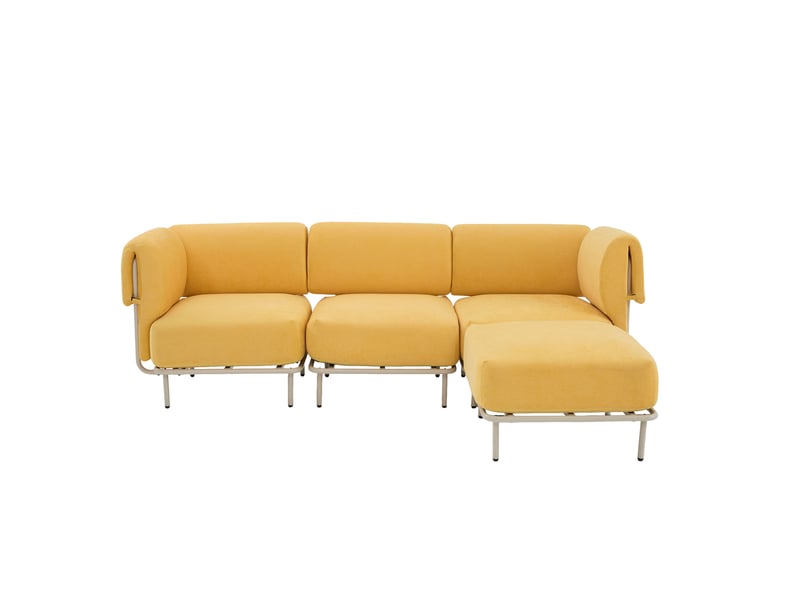  Canapé d'angle modulable 3 places en tissu chenille mangue, avec pouf, 251×155×78 cm, design nordique  - Conforama A