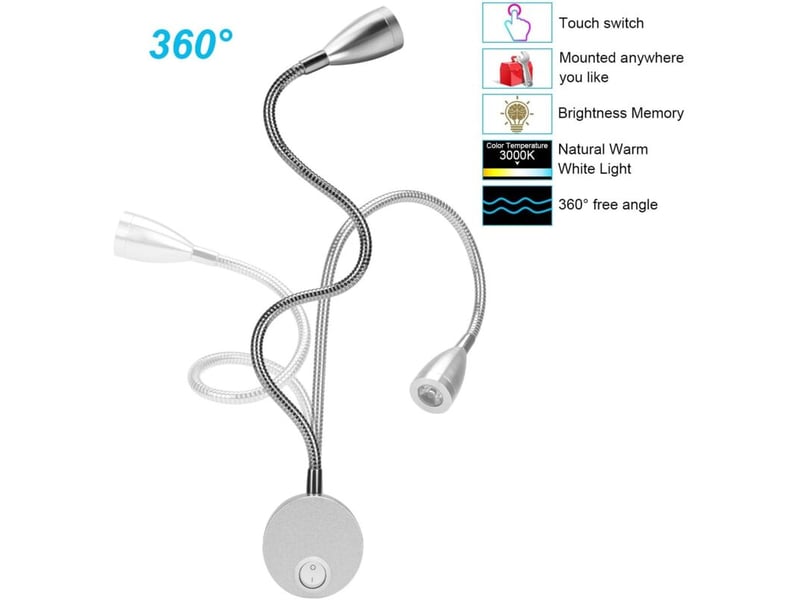  Lampe chevet murale 2 lumières applique liseuse led col de cygne lumière 3w, 3000k blanc chaud lampe de lecture  - Conforama C