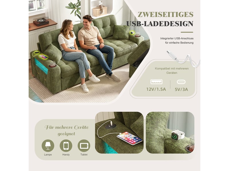 Canapé d’angle 3 places vec led pouf de rangement et ports usb et 2 tiroirs en chenille vert 194,5x133x83 cm BUYDEEMEUS - Conforama D