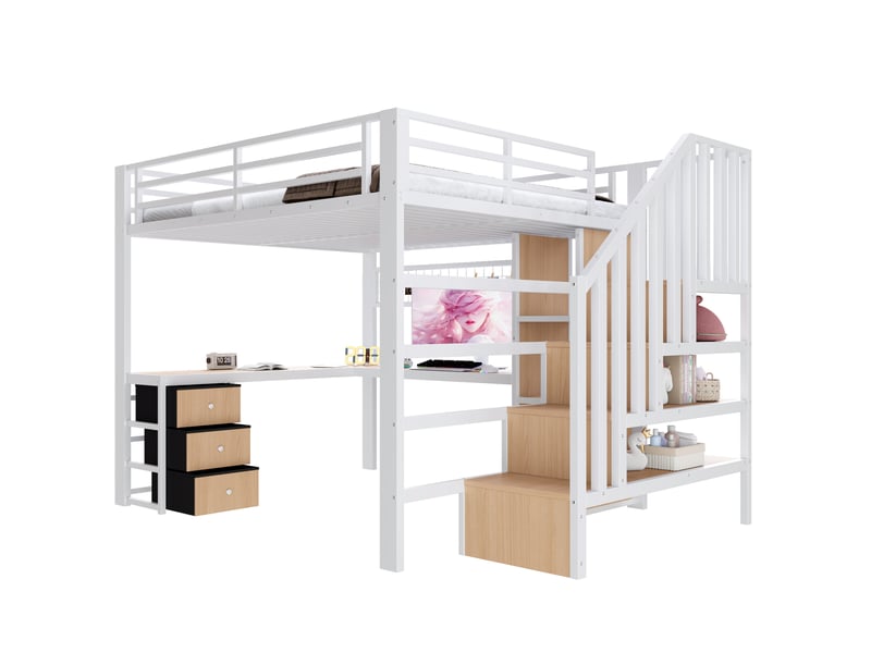  Elvmi lit mezzanine 140x200 cm en métal et mdf blanc avec bureau intégré, éclairage led contrôlable par application, étagère, 4 tiroirs, grille de rangement suspendue et escalier avec espaces de rangement  - Conforama D