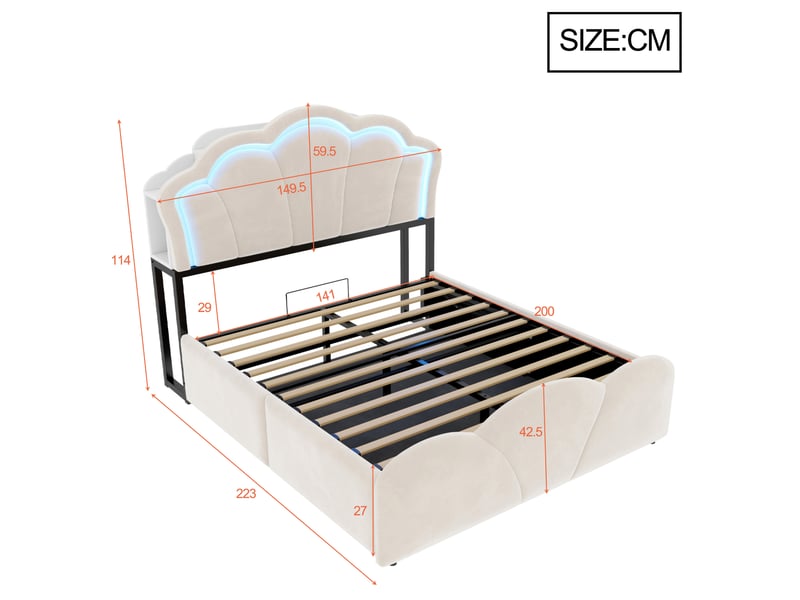  Lit coffre rembourré 140x200 cm coloris beige led velours  - Conforama C
