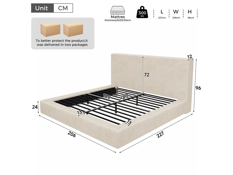  Lit double rembourré 180x200 cm en tissu chenille, lit capitonné avec tête de lit épaisse, sommier à lattes inclus - beige  - Conforama C