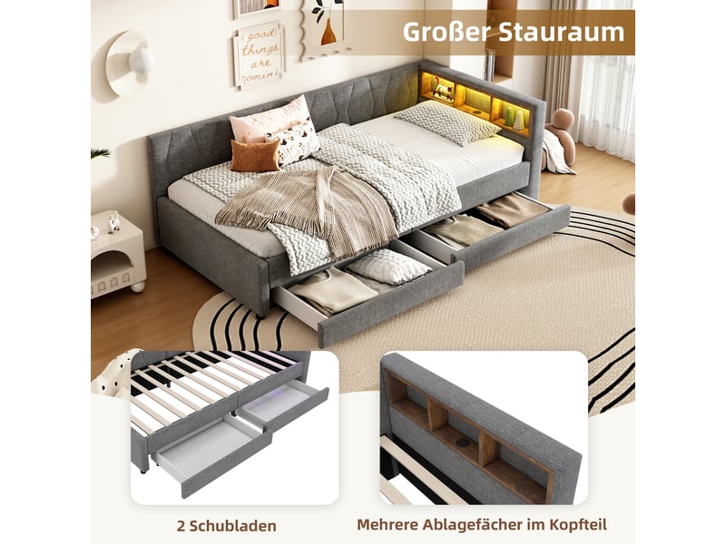  Lit banquette 90x200 en lin gris avec tiroirs - éclairage led, usbtype c et étagères  - Conforama E