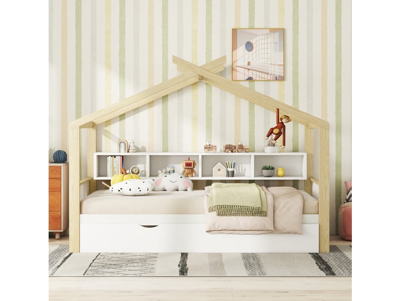  Elvmi lit cabane enfant 140x200 cm avec lit gigogne coulissant, 4 compartiments de rangement latéraux, structure en bois de pin massif et mdf, design maison avec sommier à lattes, coloris naturel et blanc, pour chambre d’enfant  - Conforama E