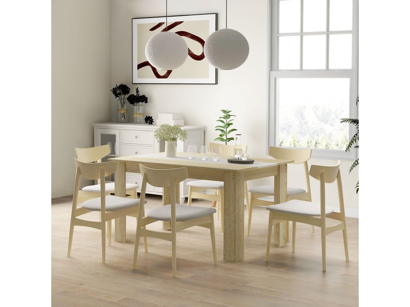  Table de salle à manger pour 6 personnes en bois aspect naturel et blanc, dim. 140l x 90l x 75h cm  - Conforama D