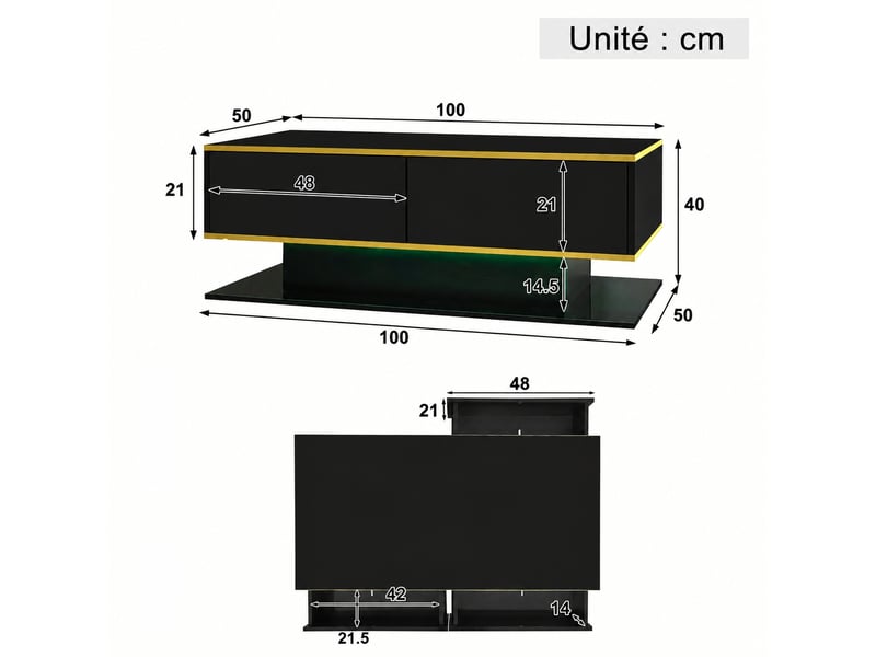  Table basse noire et dorée brillante avec 3 tiroirs et éclairage led, 100 x 50 x 40 cm  - Conforama C