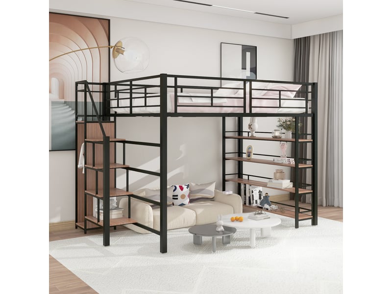  Lit mezzanine 140x200 cm - lit double avec escalier sécurisé et rangement intégré, placard pratique, sans matelas, métal et mdf, noir  - Conforama B