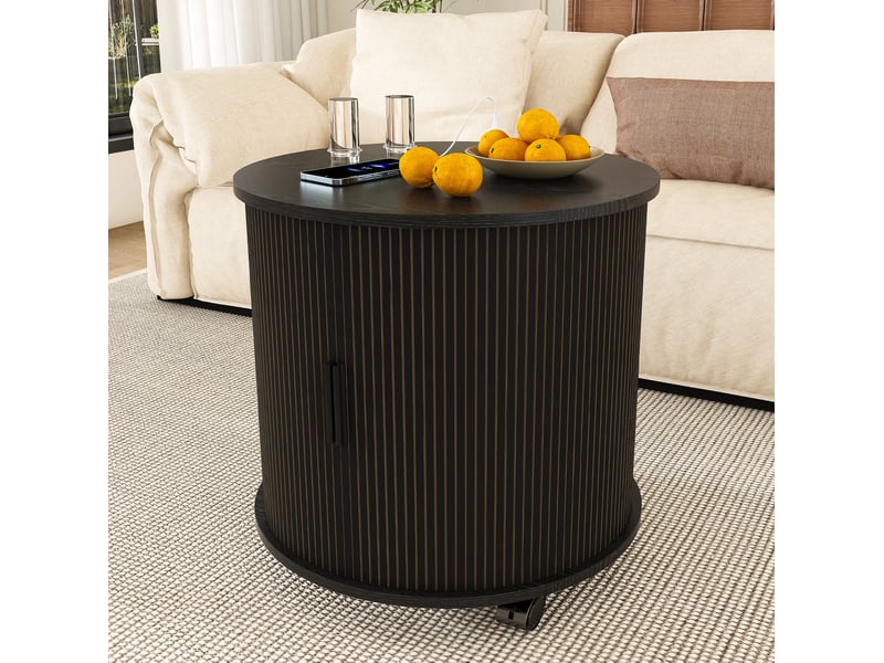  Table de chevet cylindrique mid-century avec station de charge, mdf noir, 60 x 60 x 60 cm  - Conforama C