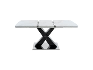 Table à manger extensible 120 à 160 cm, effet marbre blanc, piètement noir