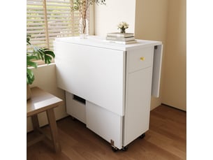 Table à manger pliante blanche 120x75 cm, desserte de cuisine à roulettes avec 2 tiroirs, table gain de place pour 2 à 4 personnes, mdf