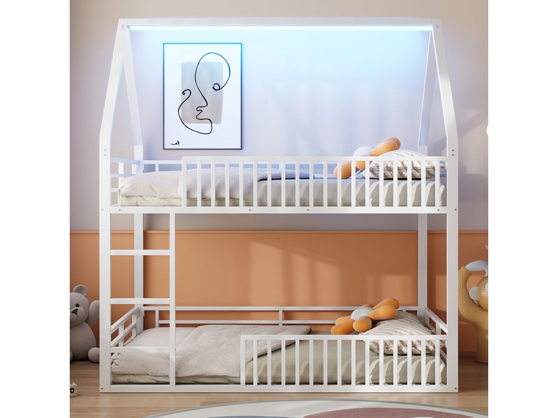  Lit superposé maison 140x200 cm blanc, avec garde-corps, led 7 couleurs, structure métal, sommier inclus, sans matelas  - Conforama W