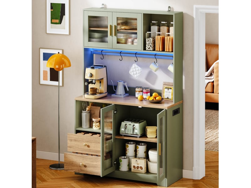  Buffet de cuisine haut avec 4 portes vitrées, 2 tiroirs, led rgb et prises intégrées, vert antique 110 × 40 × 178 cm  - Conforama D