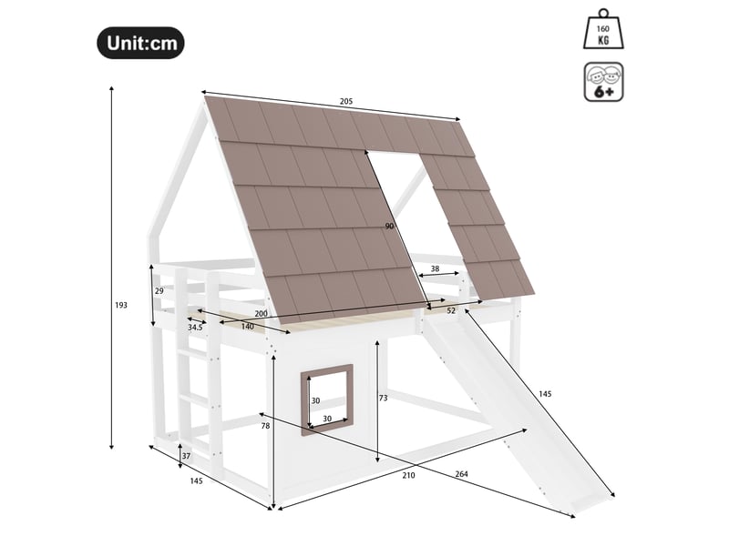 Lit superposé enfant 140x200 cm, forme maison, toboggan, échelle, barrières de sécurité, pin et mdf, blanc et marron OMNIGLINT TRADING LTD - Conforama C