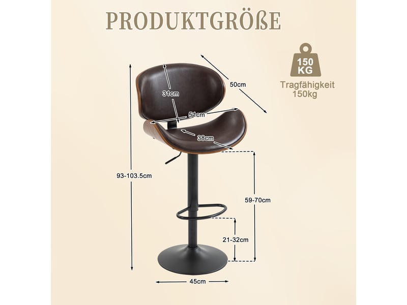  Tabourets de bar lot de 2 pivotants 360° réglables en hauteur - lpospi - dossier ergonomique, bois courbé, simili cuir marron  - Conforama D