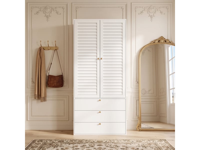  Armoire haute 2 portes 90 x 50 x 200 cm, portes à lames, tringle, 3 tiroirs, pour chambre, panneaux de particules, blanc OMNIGLINT TRADING LTD - Conforama B