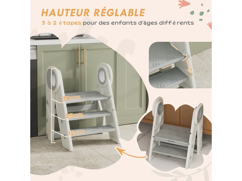  Marche pied pour enfant 3 marches, marchepied de cuisine pour enfant, pliable, gris, hauteur ajustable de 2 à 3 marches  - Conforama E