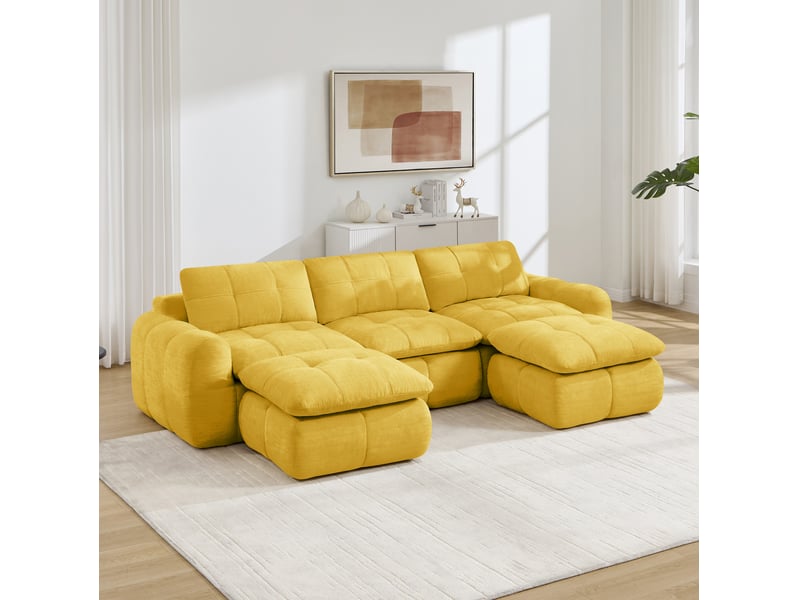 Canapé modulaire en u 3 places sans cadre, combinable avec 2 poufs, sans montage, en chenille jaune - Conforama D