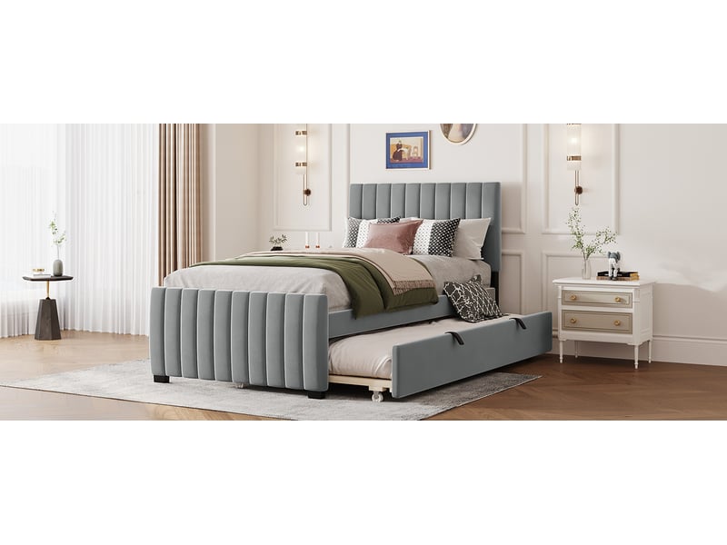  Lit gigogne 90x190 cm enfant - avec lit supplémentaire, velours doux, gris, sans matelas  - Conforama D