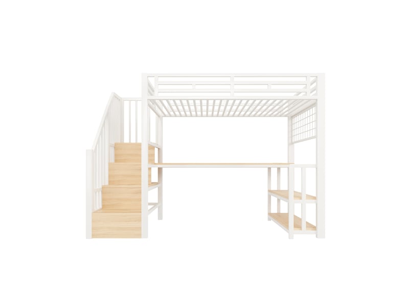  Lit mezzanine blanc 90 × 200 cm, bureau, led, rangements, 2 usb, type-c et grille suspendue  - Conforama A