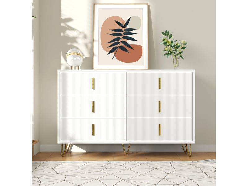  Commode bas 6 tiroirs 120x77x40 cm, ondulé, poignées et pieds dorés, panneau de particules, blanc et doré  - Conforama R