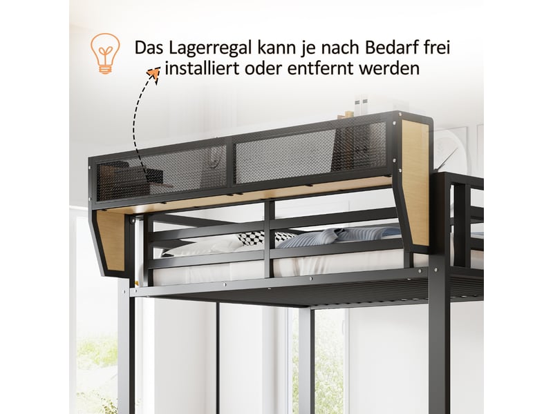  Lit mezzanine 90x200 cm avec rangement et étagère - lit 1 place avec led et échelle de sécurité - métal noir  - Conforama D
