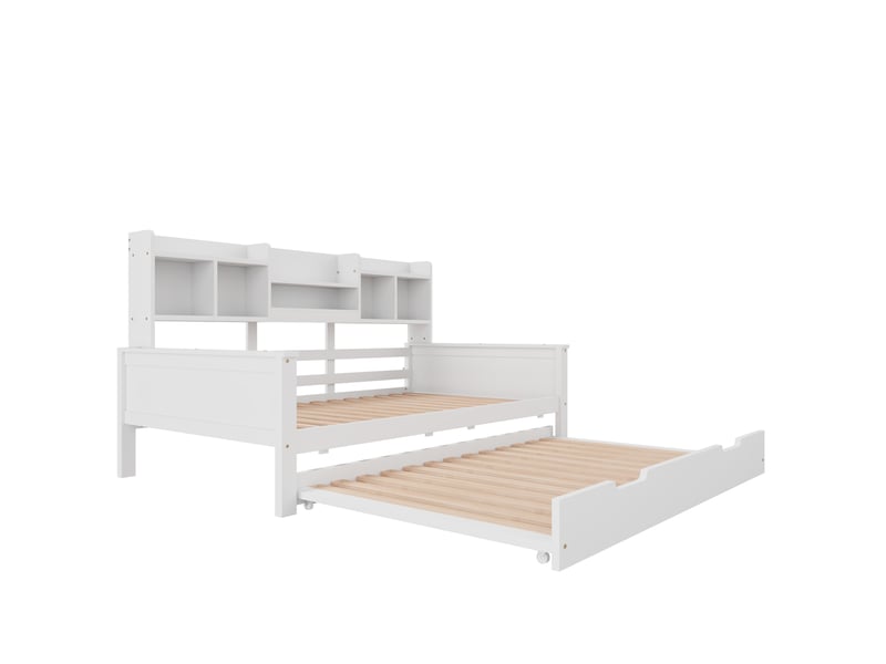  Lit gigogne enfant 90x200 cm + 90x190 cm avec compartiment de rangement et sommiers, pin, blanc, sans matelas  - Conforama R