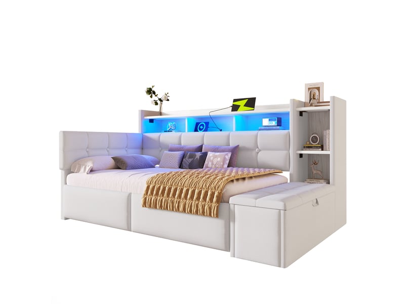  Lit banquette 90x190 cm blanc en velours, 2 tiroirs, banc coffre, étagère, éclairage led et ports usb et usb-c  - Conforama A