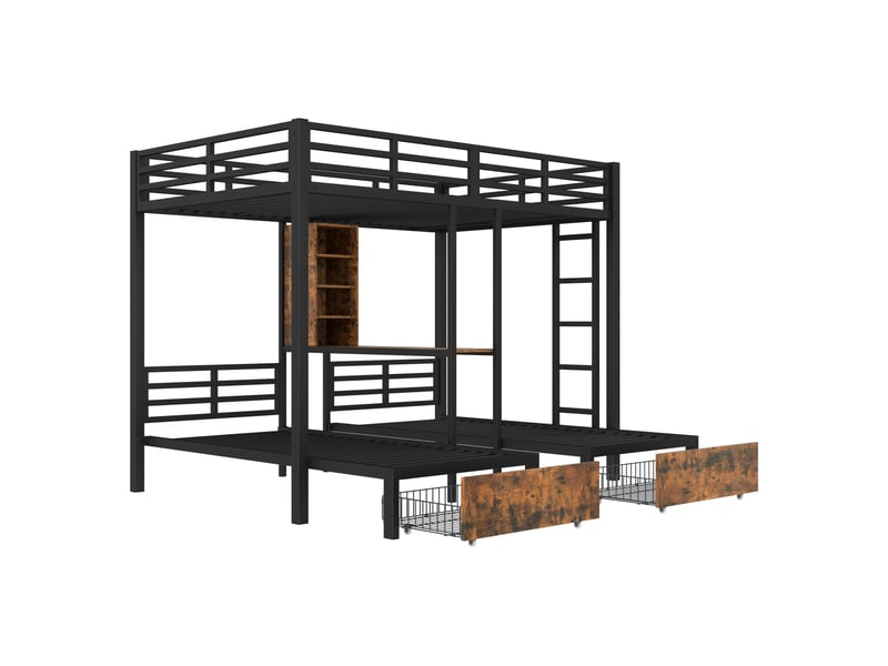  Lit superposé triple noir 140 × 200 + 90 × 200 cm, 2 tiroirs et rangements  - Conforama E