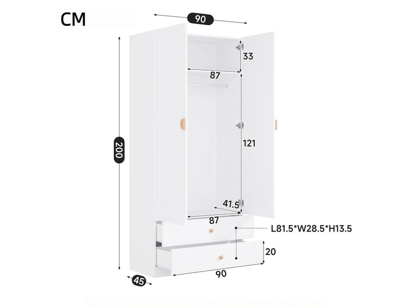  Armoire avec poignées en bois massif, 200 x 90 x 45 cm, 2 tiroirs, 1 penderie et espace de rangement, design moderne, blanc  - Conforama C